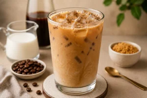 Café-style First Watch iced coffee recipe served with ice, milk, coffee beans, and sweet ingredients