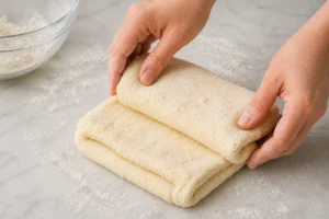Hands gently folding biscuit dough on a floured surface to create soft flaky layers