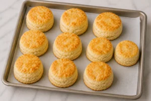 Golden brown flaky homemade biscuits fresh from the oven on a baking tray