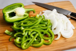 Freshly Sliced Sweet Green Peppers and Onions