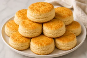 Plate filled with golden, flaky homemade Southern-style biscuits ready to serve