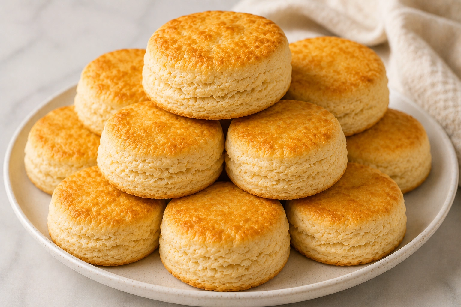 Plate filled with golden, flaky homemade Southern-style biscuits ready to serve