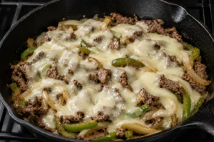 Melted provolone cheese covering cooked steak, onions, and peppers inside a cast iron skillet
