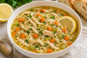 Bowl of homemade Mendocino Farms lemon chicken soup with shredded chicken, lemon, vegetables, herbs, and wholesome grains served warm
