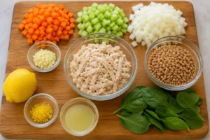 Fresh ingredients prepared for Mendocino Farms lemon chicken soup recipe including chicken, lemon, vegetables, grains, and herbs on a kitchen board