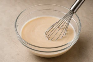 Milk and cream whisked together in a glass bowl for creamy iced coffee mixture