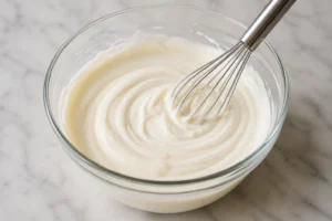 Glass bowl with mayonnaise, sour cream, and buttermilk being whisked into a smooth creamy base for Round Table Pizza Ranch Dressing Recipe