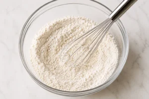 Glass mixing bowl filled with flour, baking powder, and dry ingredients being whisked together