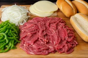 Thinly sliced beef, onions, bell peppers, provolone cheese, and hoagie rolls arranged on a wooden board for Penn Station Philly cheesesteak preparation