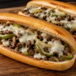 Close-up of a homemade Penn Station Philly cheesesteak sandwich with tender beef, melted cheese, onions, and peppers in toasted bread