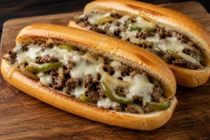 Close-up of a homemade Penn Station Philly cheesesteak sandwich with tender beef, melted cheese, onions, and peppers in toasted bread