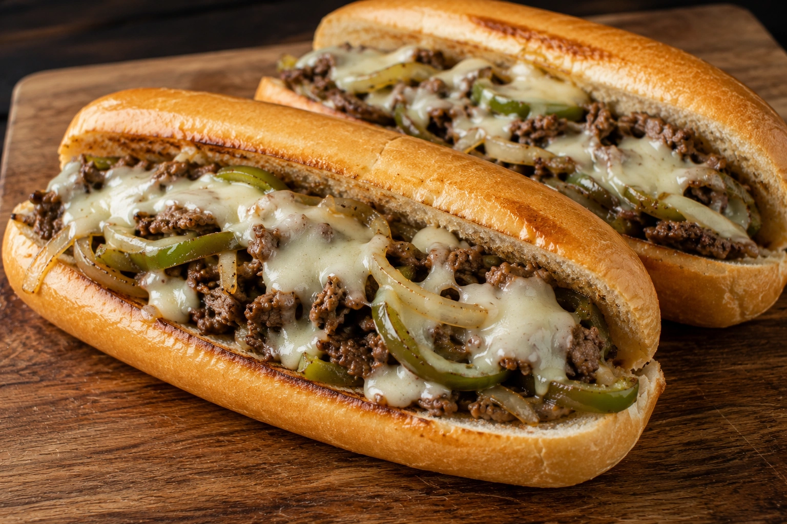 Close-up of a homemade Penn Station Philly cheesesteak sandwich with tender beef, melted cheese, onions, and peppers in toasted bread