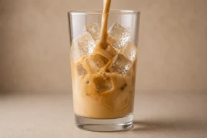 Creamy coffee mixture being poured over ice cubes in a glass