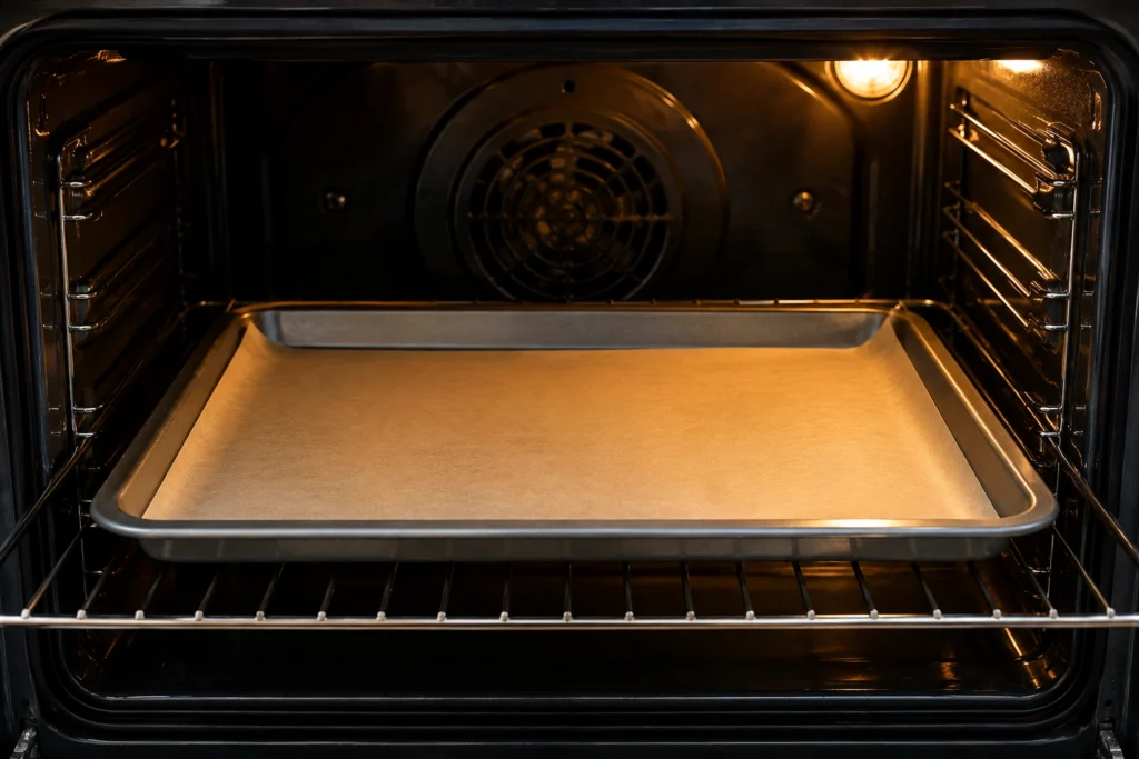 Baking tray lined with parchment paper inside a preheated oven for homemade biscuit preparation