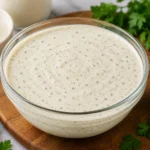 Creamy homemade Round Table Pizza Ranch Dressing Recipe in a glass bowl with fresh herbs and garlic on a wooden board