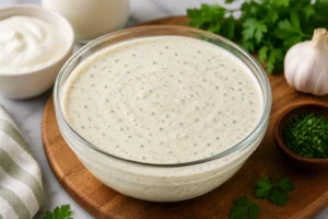Creamy homemade Round Table Pizza Ranch Dressing Recipe in a glass bowl with fresh herbs and garlic on a wooden board