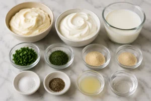 Measured ingredients for Round Table Pizza Ranch Dressing Recipe including mayonnaise, sour cream, buttermilk, herbs, and seasonings arranged on a marble countertop