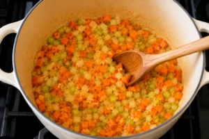 Carrots, celery, onion, and garlic sautéing in a large pot for homemade Mendocino Farms lemon chicken soup recipe