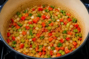 Onion, celery, bell peppers, and garlic sautéing in a large pot for Yard House Jambalaya Recipe.