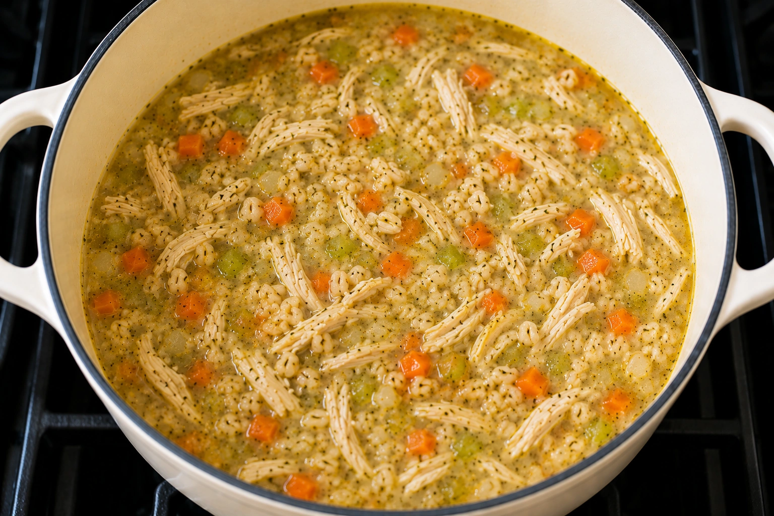 Freshly cooked Mendocino Farms lemon chicken soup ready to serve in a large pot with chicken and vegetables