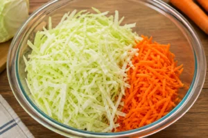 Shredded Cabbage and Carrots in Mixing Bowl