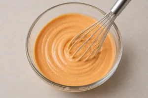 Whisk mixing creamy Braum's sauce until smooth and fully blended in glass bowl