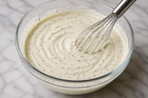 Creamy homemade ranch dressing being whisked until smooth with herbs evenly mixed throughout