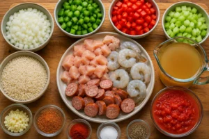 Fresh chicken, shrimp, sausage, rice, vegetables, broth, and Cajun spices prepared for Yard House Jambalaya Recipe.
