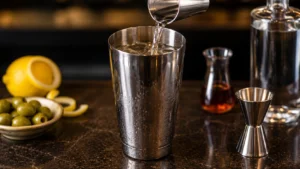 Adding Vodka, Vermouth, and Ice to the Shaker