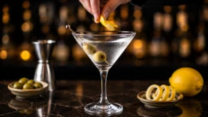 Garnishing the Martini with a Fresh Lemon Twist