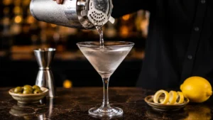 Straining the Martini into a Chilled Glass